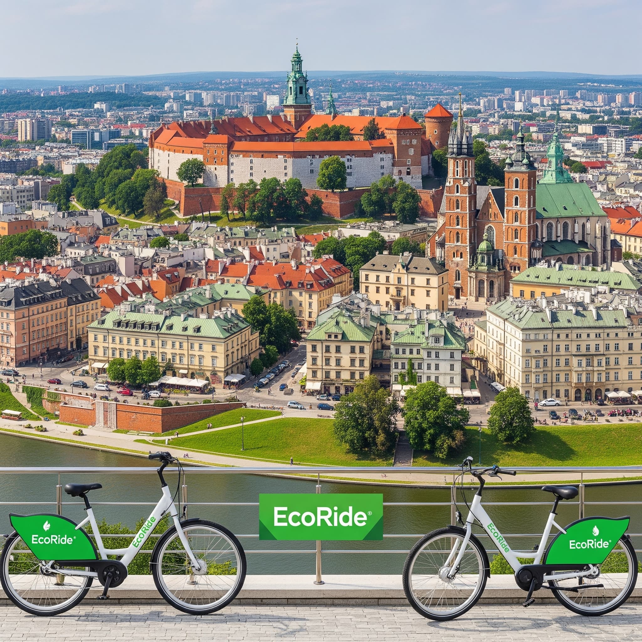 Panoramic view of Kraków with EcoRide electric bikes